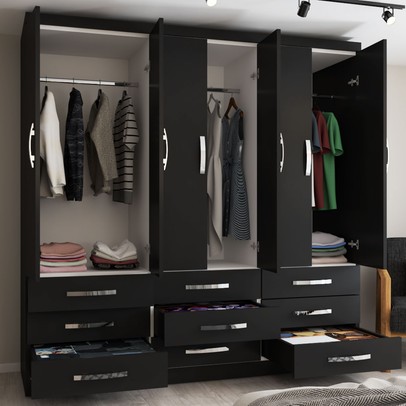 Guarda-Roupa Casal Dunas 6 Portas 9 Gavetas Preto - Pnr Móveis