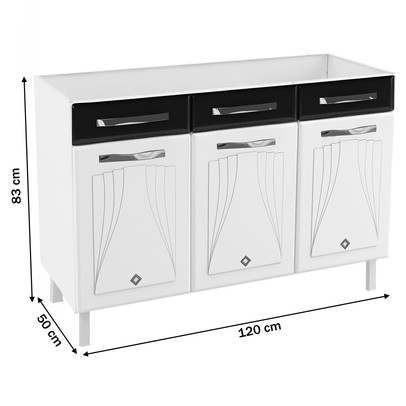 Balcão de Cozinha para Pia em Aço Star New 3 Portas 2 Gavetas Branco/Preto - Telasul