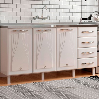 Balcão de Cozinha para Pia em Aço Star New 3 Portas 4 Gavetas Branco - Telasul