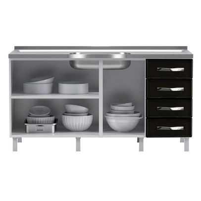 Balcão de Cozinha para Pia em Aço Star New 3 Portas 4 Gavetas Branco/Preto - Telasul