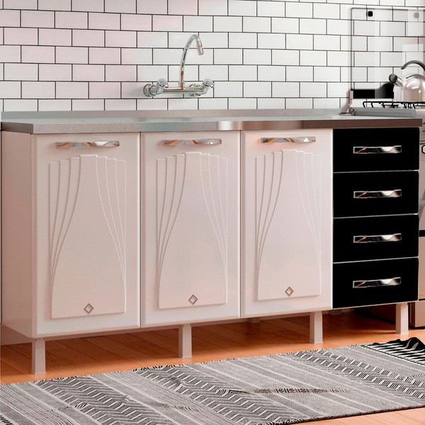 Balcão de Cozinha para Pia em Aço Star New 3 Portas 4 Gavetas Branco/Preto - Telasul
