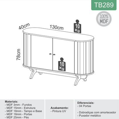 Balcão Buffet 2 Portas 1 Prateleira 100% Mdf Freijo/Preto Fosco Tb289 - Dalla Costa