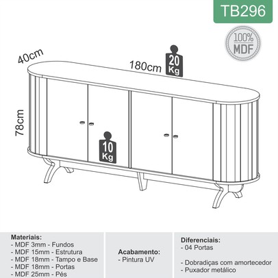 Balcão Buffet 4 Portas 1 Prateleira 100% Mdf Freijo/Preto Fosco Tb296 - Dalla Costa
