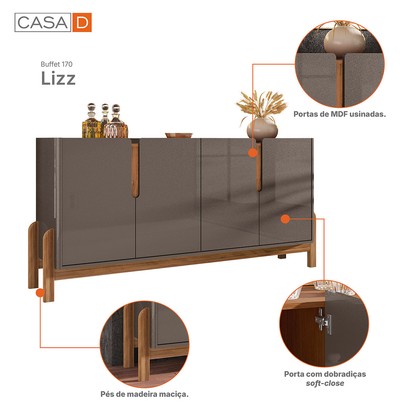 Balcão Buffet Lizz 4 Portas Cinza Perola/Cedro 050518 - Casa D