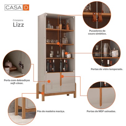 Cristaleira Lizz 2 Portas 3 Prateleiras Off White/Cedro - Casa D