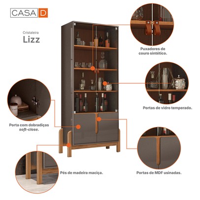 Cristaleira Lizz 2 Portas 3 Prateleiras Perola/Cedro - Casa D