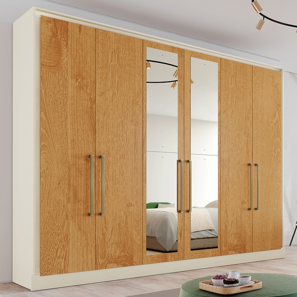 Guarda-Roupa Casal Argos 6 Portas 6 Gavetas Espelhado 100% Mdf Off White/Peroba - Mademarques
