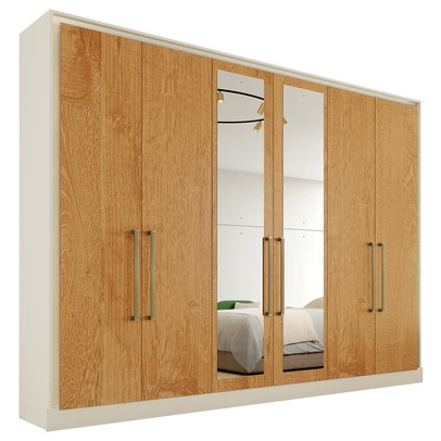 Guarda-Roupa Casal Argos 6 Portas 6 Gavetas Espelhado 100% Mdf Off White/Peroba - Mademarques