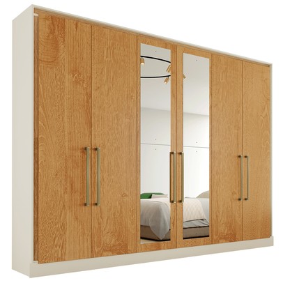 Guarda-Roupa Casal Argos 6 Portas 6 Gavetas Espelhado 100% Mdf Off White/Peroba - Mademarques