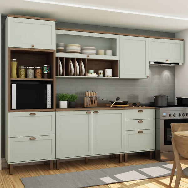 Cozinha Completa Iluminata 7 Portas 4 Gavetas Verde Mint - Genialflex