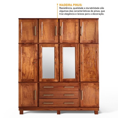 Guarda-Roupa Casal Paris 10 Portas 3 Gavetas com Espelho Madeira Maciça Mogano 369 - Lanes