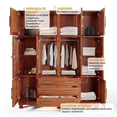 Guarda-Roupa Casal Paris 10 Portas 3 Gavetas com Espelho Madeira Maciça Mogano 369 - Lanes