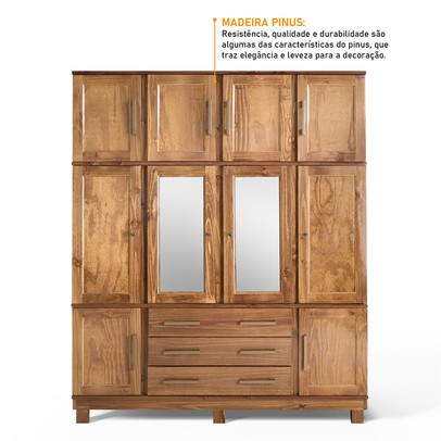 Guarda-Roupa Casal Paris 10 Portas 3 Gavetas com Espelho Madeira Maciça Castanho 369 - Lanes