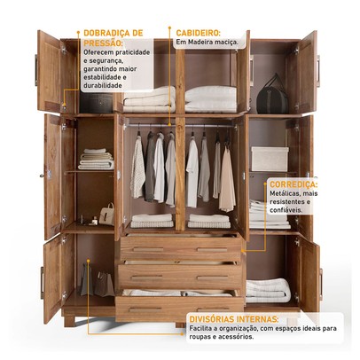 Guarda-Roupa Casal Paris 10 Portas 3 Gavetas com Espelho Madeira Maciça Castanho 369 - Lanes