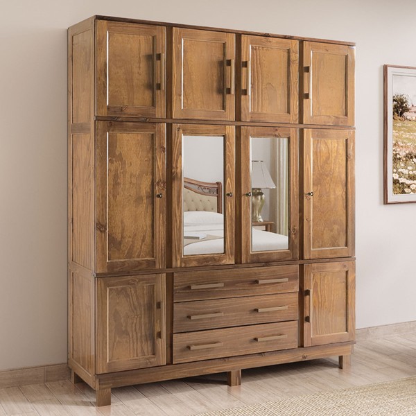 Guarda-Roupa Casal Paris 10 Portas 3 Gavetas com Espelho Madeira Maciça Castanho 369 - Lanes