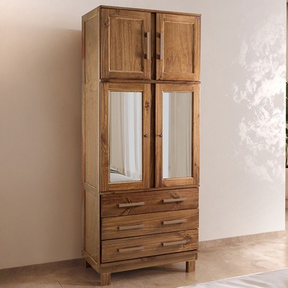 Guarda-Roupa Solteiro Paris 4 Portas 3 Gavetas  com Espelho Madeira Maciça Castanho 361 - Lanes
