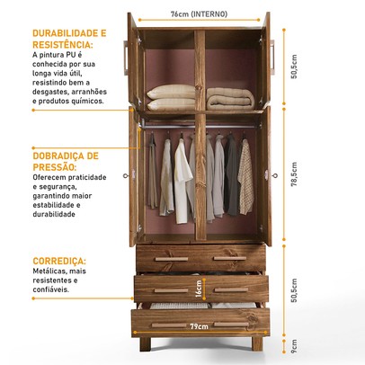 Guarda-Roupa Solteiro Paris 4 Portas 3 Gavetas  com Espelho Madeira Maciça Castanho 361 - Lanes