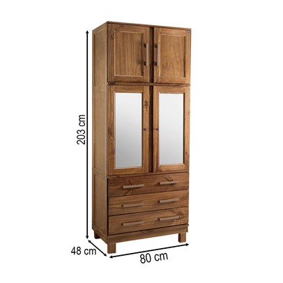 Guarda-Roupa Solteiro Paris 4 Portas 3 Gavetas  com Espelho Madeira Maciça Castanho 361 - Lanes