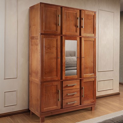 Guarda-Roupa Solteiro Paris 8 Portas 3 Gavetas com Espelho Madeira Maciça Mogano 365 - Lanes