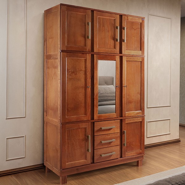 Guarda-Roupa Solteiro Paris 8 Portas 3 Gavetas com Espelho Madeira Maciça Mogano 365 - Lanes