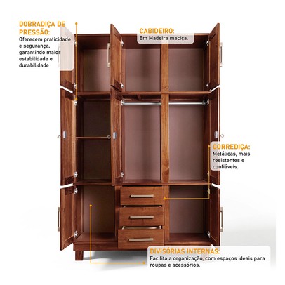 Guarda-Roupa Solteiro Paris 8 Portas 3 Gavetas com Espelho Madeira Maciça Mogano 365 - Lanes