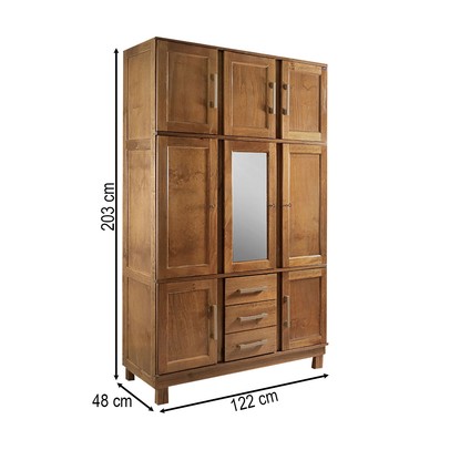 Guarda-Roupa Solteiro Paris 8 Portas 3 Gavetas  com Espelho Madeira Maciça Castanho 365 - Lanes