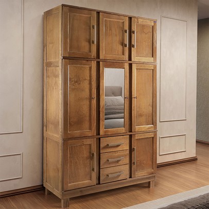 Guarda-Roupa Solteiro Paris 8 Portas 3 Gavetas  com Espelho Madeira Maciça Castanho 365 - Lanes