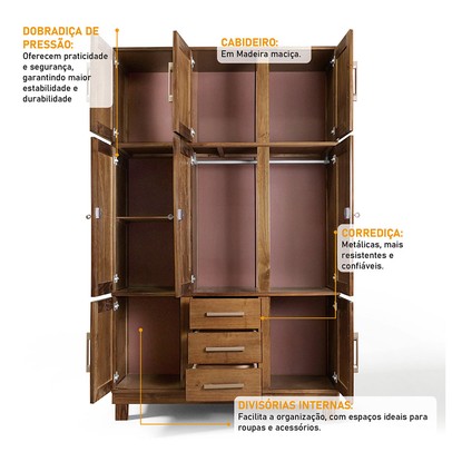 Guarda-Roupa Solteiro Paris 8 Portas 3 Gavetas  com Espelho Madeira Maciça Castanho 365 - Lanes