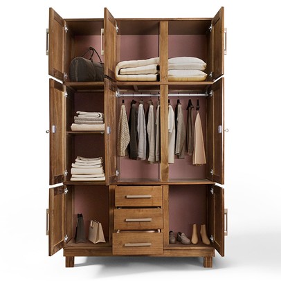 Guarda-Roupa Solteiro Paris 8 Portas 3 Gavetas  com Espelho Madeira Maciça Castanho 365 - Lanes