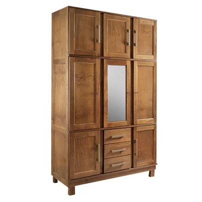 Guarda-Roupa Solteiro Paris 8 Portas 3 Gavetas  com Espelho Madeira Maciça Castanho 365 - Lanes