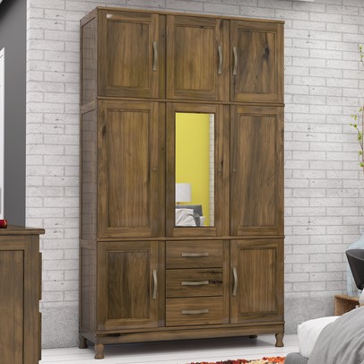 Guarda-Roupa Solteiro Paris 8 Portas 3 Gavetas  com Espelho Madeira Maciça Castanho 365 - Lanes