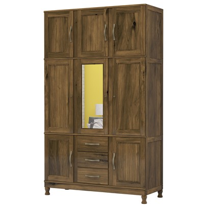 Guarda-Roupa Solteiro Paris 8 Portas 3 Gavetas  com Espelho Madeira Maciça Castanho 365 - Lanes