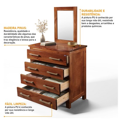 Cômoda Lisboa 4 Gavetas Madeira Maciça Mogano - Lanes