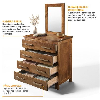Cômoda Lisboa 4 Gavetas Madeira Maciça Castanho - Lanes