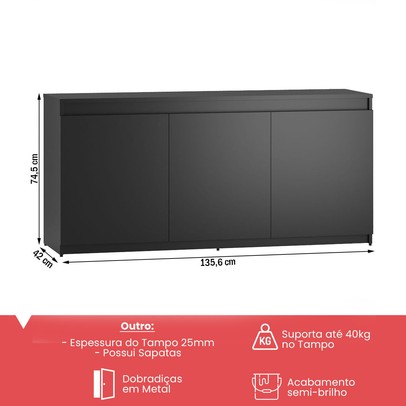 Balcão Buffet 3 Portas Mel Preto - Viero Móveis