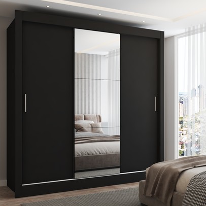 Guarda-Roupa Casal Flórida 3 Portas de Correr com Espelho 3 Gavetas Preto Fosco - Panorama Móveis