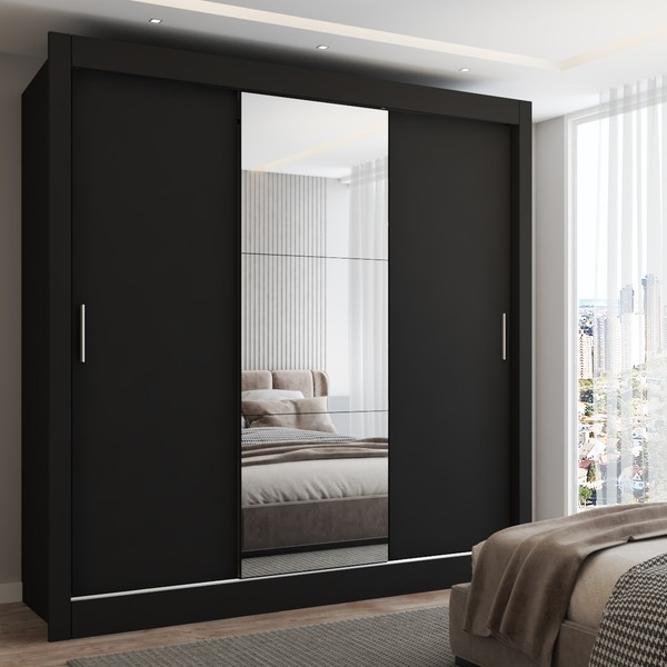 Guarda-Roupa Casal Flórida 3 Portas de Correr com Espelho 3 Gavetas Preto Fosco - Panorama Móveis