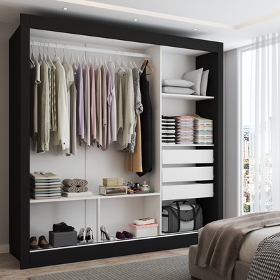 Guarda-Roupa Casal Flórida 3 Portas de Correr com Espelho 3 Gavetas Preto Fosco - Panorama Móveis