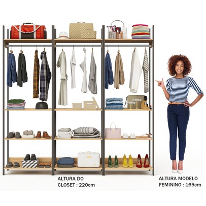 Closet Moscow 12 Prateleiras 100% Mdf Freijó/Preto Fosco - Panorama Móveis