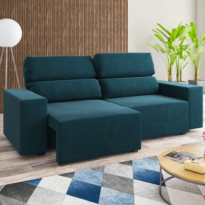 Sofá 3 Lugares Charm Reclinável e Retrátil Azul Infinito - Vian