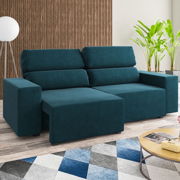 Sofá 3 Lugares Charm Reclinável e Retrátil Azul Infinito - Vian