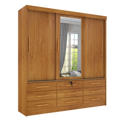 Guarda-Roupa Casal Chicago 3 Portas 9 Gavetas com Espelho Cinamomo - Tcil Móveis