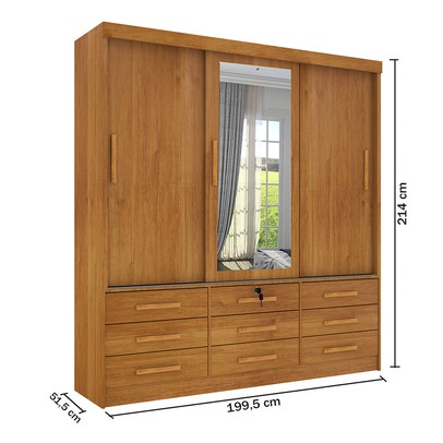 Guarda-Roupa Casal Chicago 3 Portas 9 Gavetas com Espelho Cinamomo - Tcil Móveis