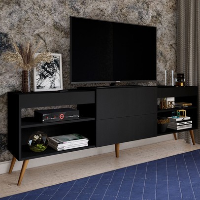 Rack para TV Até 55 Polegadas Roma 1 Porta 2 Prateleiras Preto Fosco - Panorama Móveis