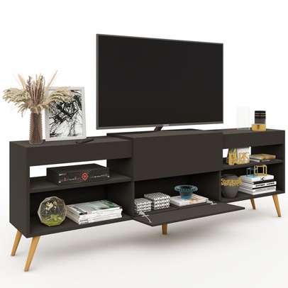 Rack para TV Até 55 Polegadas Roma 1 Porta 2 Prateleiras Preto Fosco - Panorama Móveis