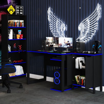 Quarto Gamer 3 Peças com 1 Mesa, 1 Estante para Livros e 1 Armário para Escritório Toronto Preto/Azul - Pnr Móveis