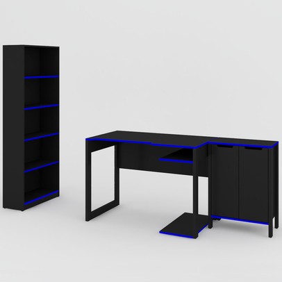 Quarto Gamer 3 Peças com 1 Mesa, 1 Estante para Livros e 1 Armário para Escritório Toronto Preto/Azul - Pnr Móveis