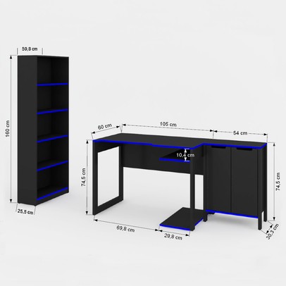 Quarto Gamer 3 Peças com 1 Mesa, 1 Estante para Livros e 1 Armário para Escritório Toronto Preto/Azul - Pnr Móveis