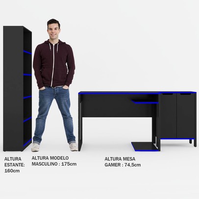 Quarto Gamer 3 Peças com 1 Mesa, 1 Estante para Livros e 1 Armário para Escritório Toronto Preto/Azul - Pnr Móveis