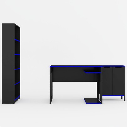 Quarto Gamer 3 Peças com 1 Mesa, 1 Estante para Livros e 1 Armário para Escritório Toronto Preto/Azul - Pnr Móveis